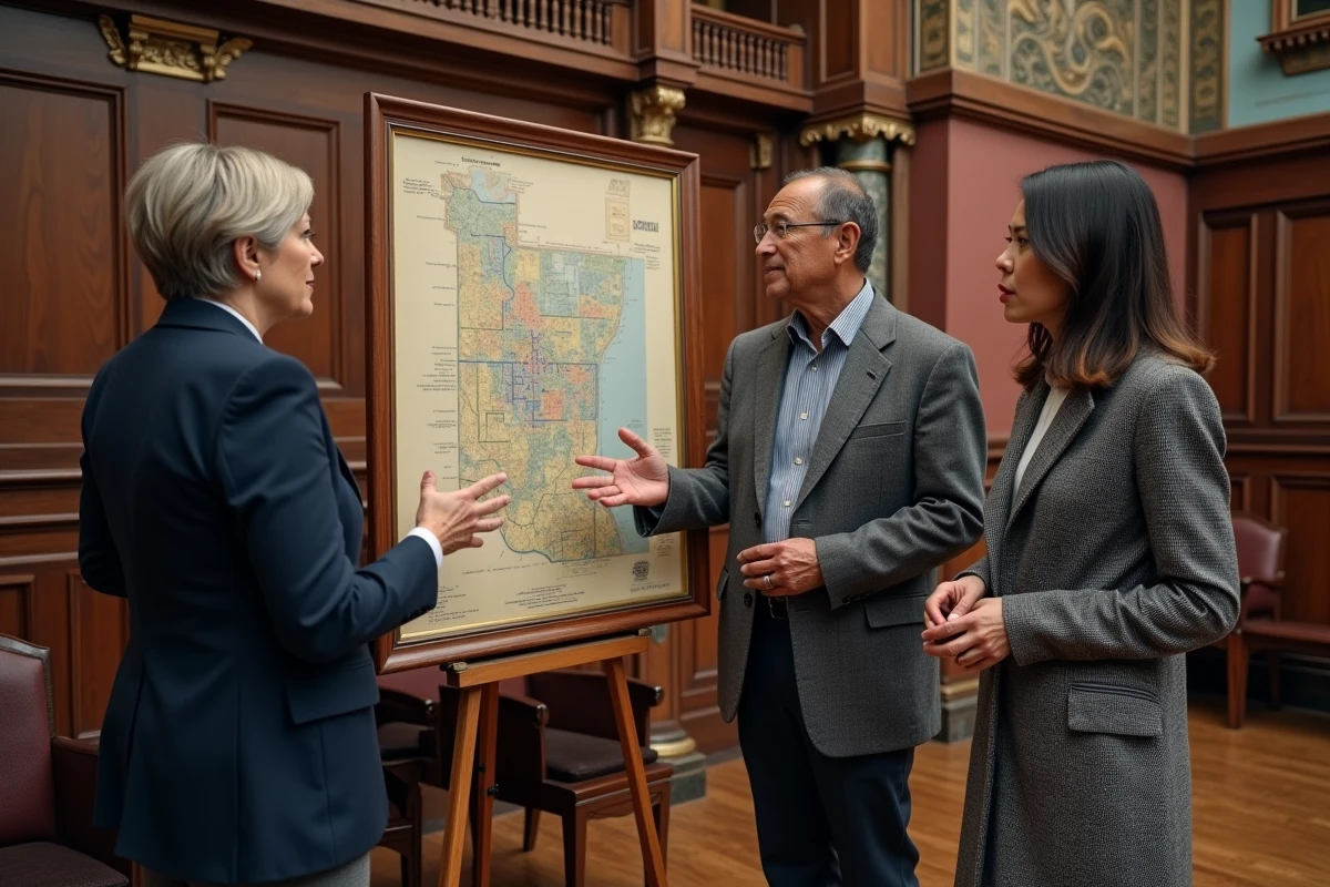 Membres du conseil municipal discutant d'un plan de zonage encadré dans une salle municipale historique