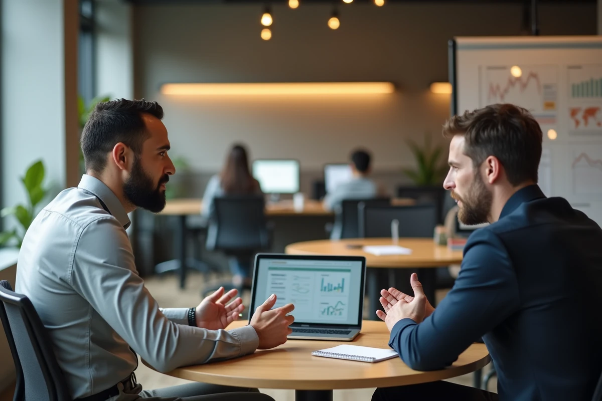 Conseiller financier masculin en train d'expliquer une stratégie d'investissement à un client dans un bureau moderne en open space