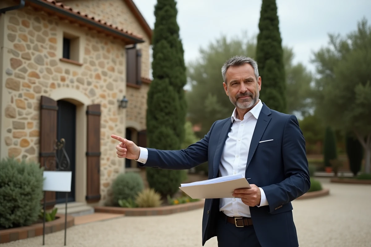 Conseiller immobilier devant une maison secondaire expliquant les stratégies pour réduire la plus-value immobilière
