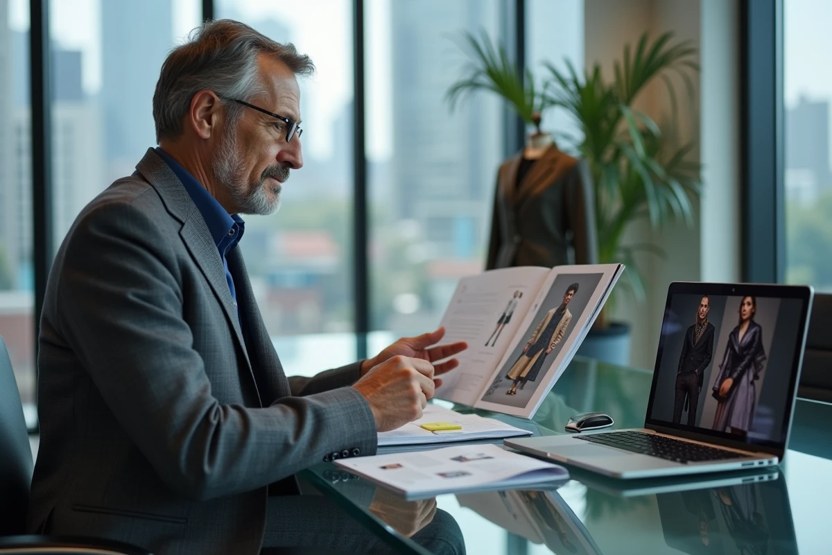 Consultant mode masculin examinant un lookbook de collection dans un bureau contemporain d'agence de mode