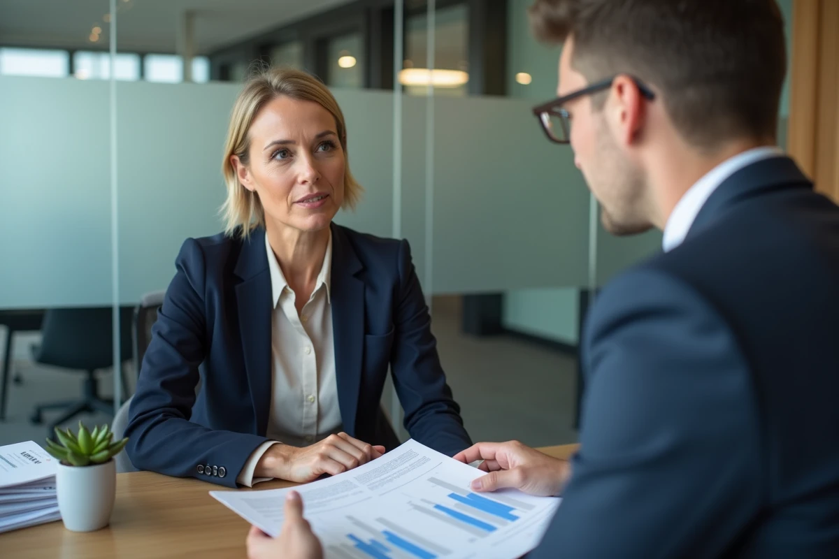 Femme consultant un conseiller bancaire pour comparer différentes durées de prêt hypothécaire dans une agence professionnelle