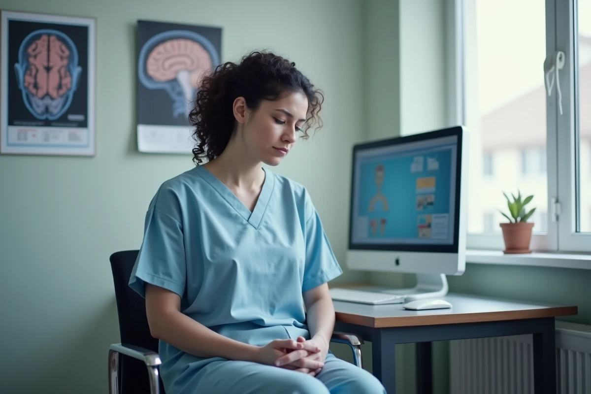 Patiente épuisée en consultation neurologique, assise dans un cabinet médical, illustrant la fatigue liée aux maladies neurologiques chroniques.