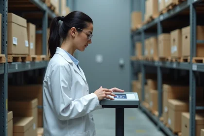 Femme en blouse blanche lisant l'affichage d'une balance numérique en kilogrammes dans un entrepôt industriel