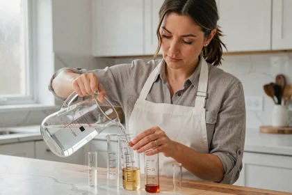 Femme versant un litre de liquide dans des béchers gradués en millilitres sur un comptoir de cuisine moderne