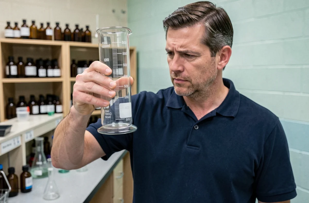 Enseignant tenant un cylindre gradué d'un litre en verre dans un laboratoire scolaire pour illustrer la conversion en millilitres