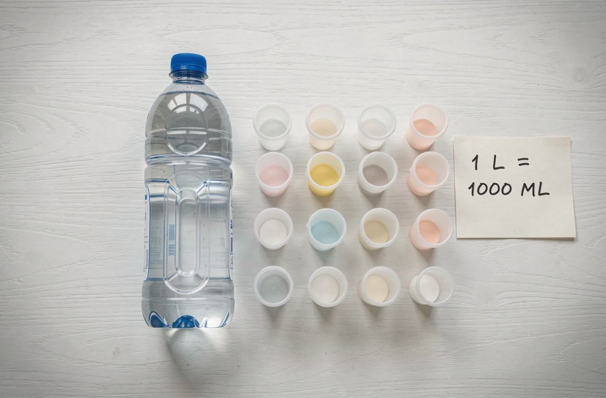 Vue du dessus d'une bouteille d'un litre posée à côté de petits gobelets de 100 millilitres et d'une note manuscrite de conversion sur une table blanche