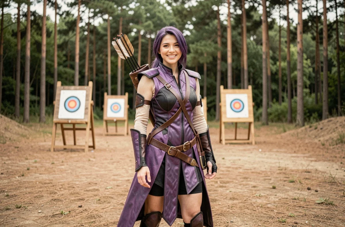 Cosplayeuse en costume de Hawkeye violet et noir sur un stand de tir à l'arc en plein air, inspirée du personnage Marvel de Clint Barton