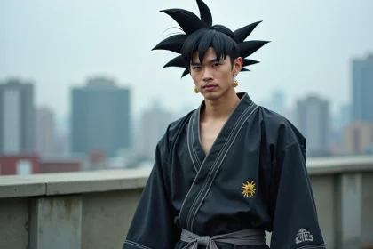 Cosplayer adulte incarnant Black Goku en costume sombre et fidèle à l'univers Dragon Ball Super sur un toit urbain