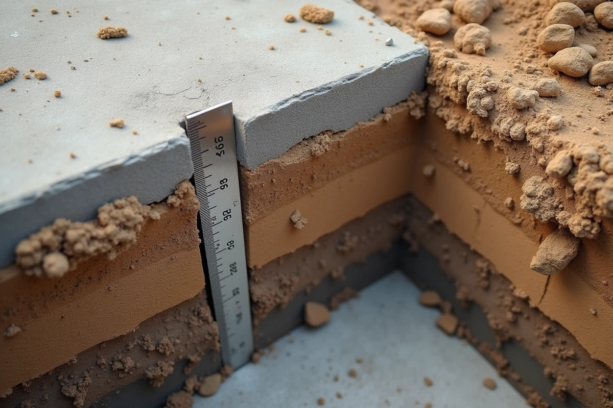 Coupe transversale d'une tranchée de fondation d'un mètre de profondeur avec semelle en béton et strates géologiques visibles