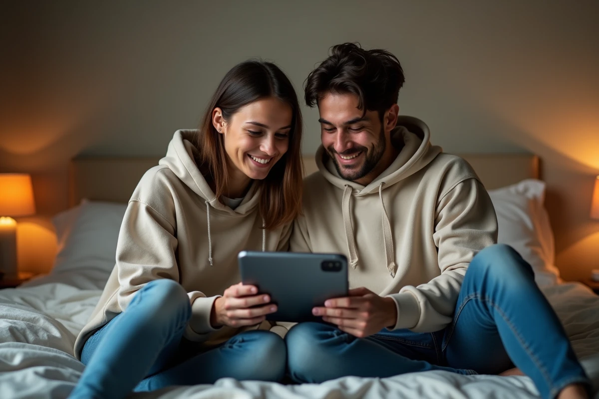 Couple choisissant un film sur tablette depuis leur chambre, explorant des alternatives de streaming légales