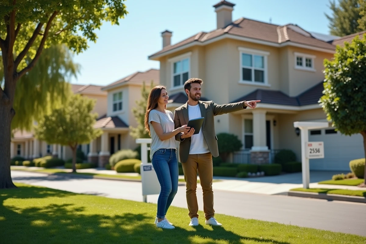 Couple devant une maison à vendre évaluant leur mise de fond