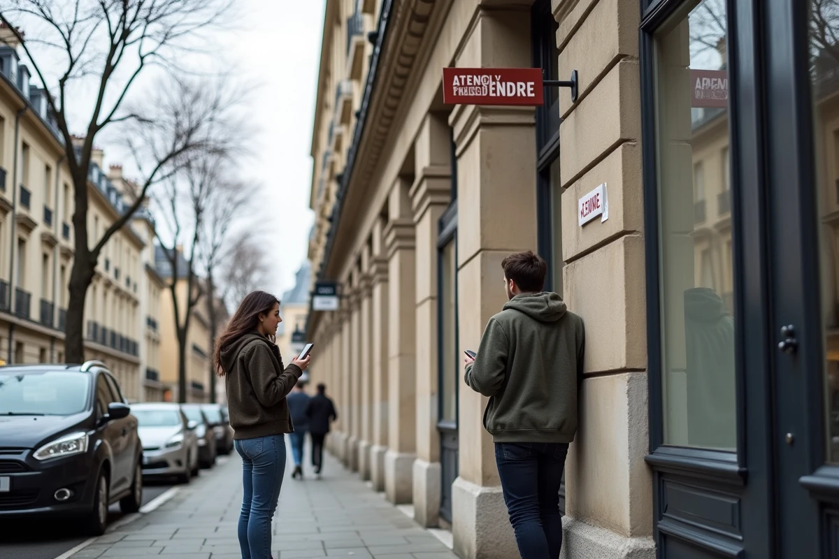 Couple devant un immeuble à vendre en France dans le contexte d'une baisse des taux immobiliers