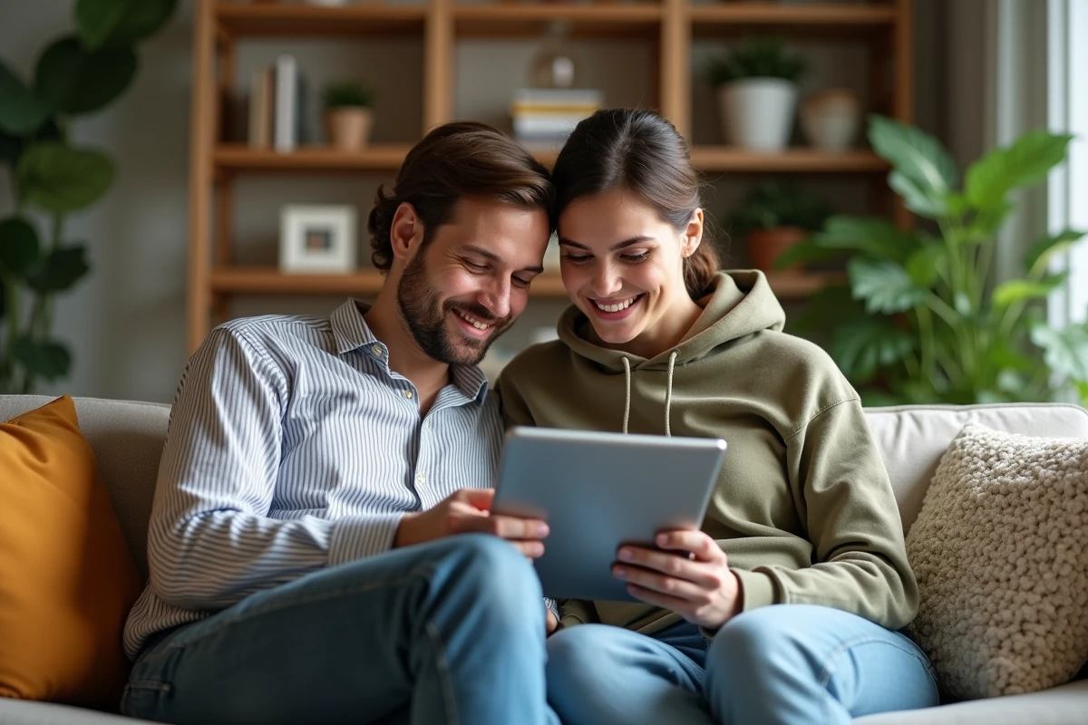 Couple consultant une application d'objectifs d'épargne sur tablette dans leur salon