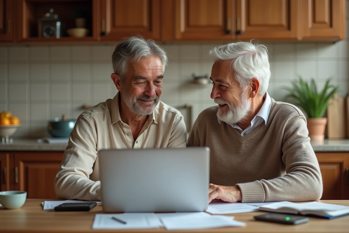 Couple de retraités planifiant leur retraite et évaluant leurs avantages en nature à domicile
