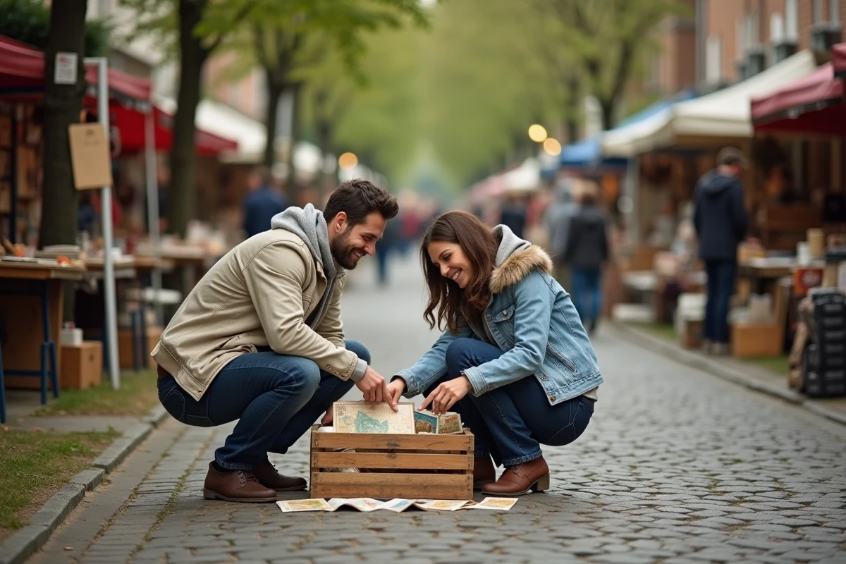Couple découvrant des cartes postales anciennes dans un cageot lors d'un vide-grenier en Meurthe-et-Moselle