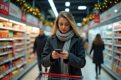 Femme faisant ses courses dans un supermarché bondé le dimanche avant Noël, poussant un caddie dans un rayon bien achalandé