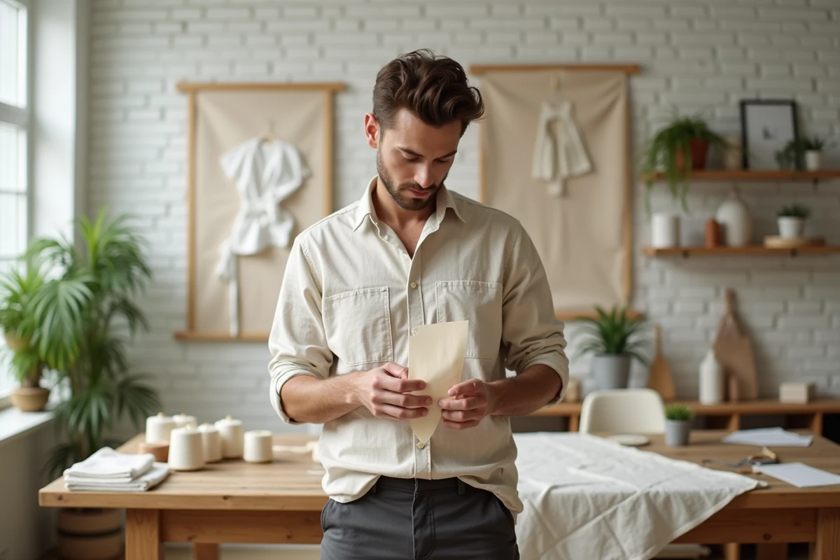 Créateur de mode durable inspectant un tissu en matière recyclée dans son atelier, illustrant l'engagement pour une industrie textile plus responsable et écoresponsable