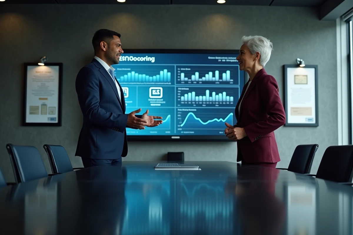 Deux professionnels de la finance discutant de critères ESG devant un tableau de bord interactif en salle de conseil