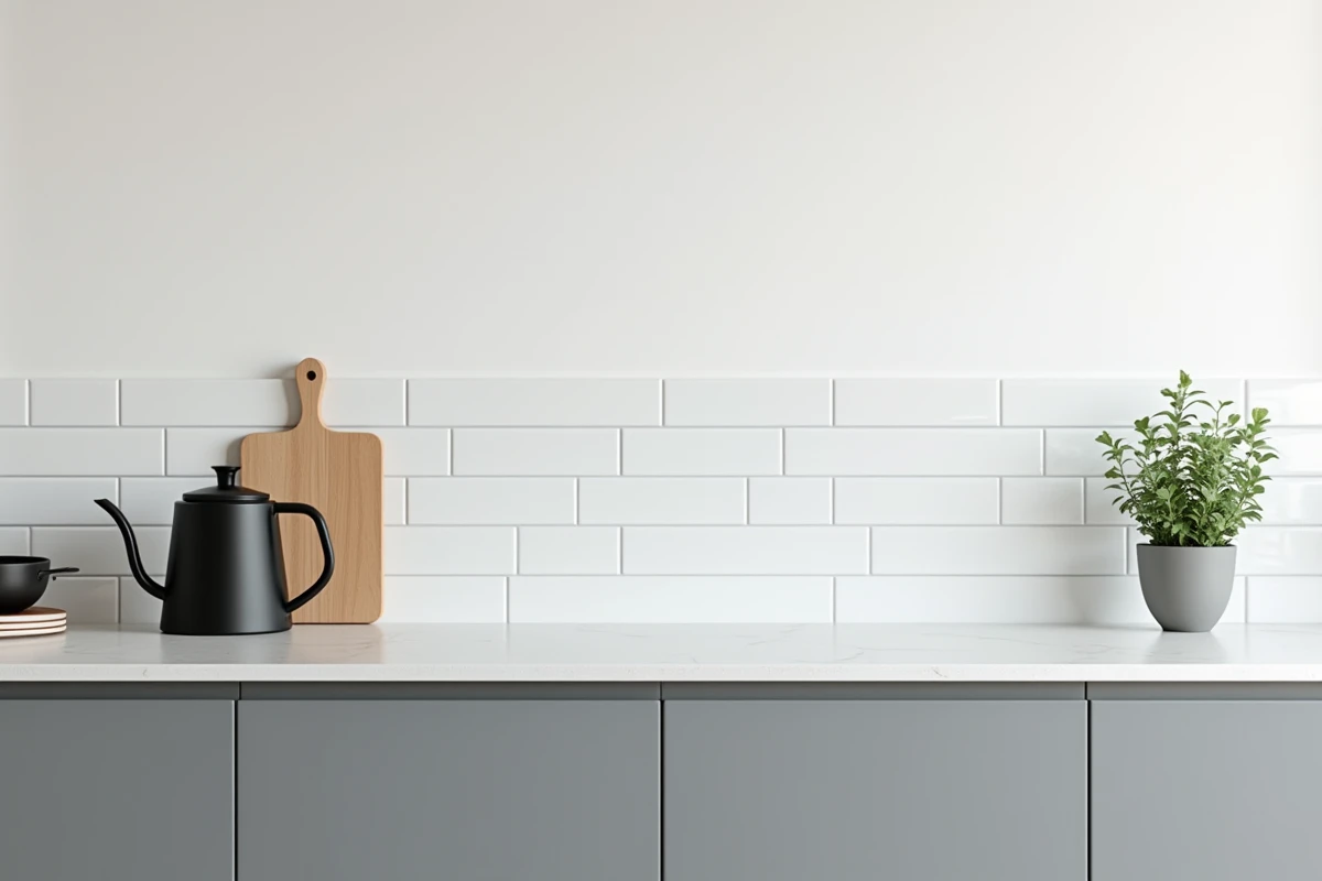 Plan de travail de cuisine épuré et minimaliste avec quelques accessoires choisis sur un comptoir en quartz blanc