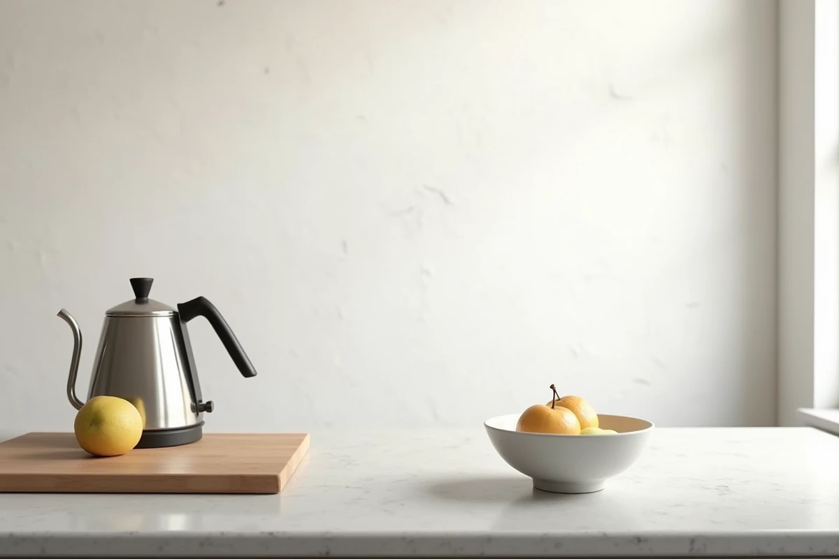 Cuisine minimaliste épurée avec seulement quelques objets essentiels posés sur un plan de travail en pierre