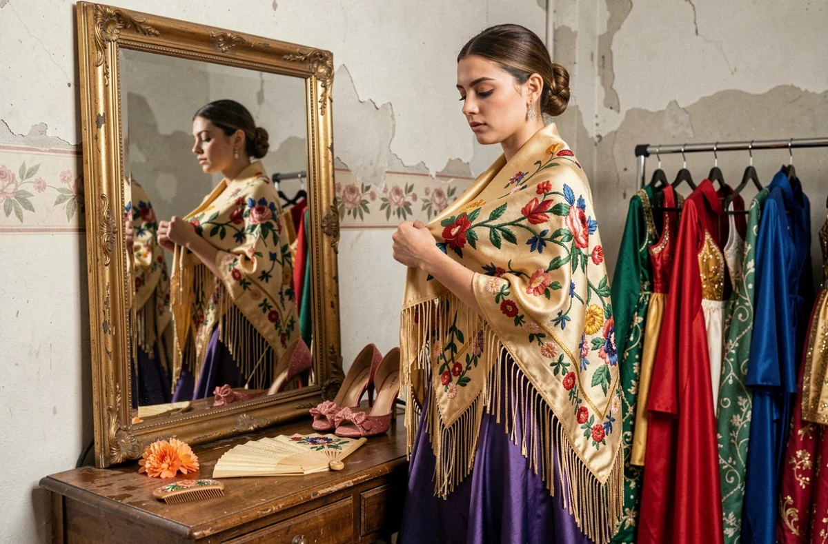 Jeune danseuse espagnole ajustant son châle brodé traditionnel dans une loge avant le spectacle