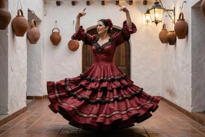 Danseuse de flamenco en robe rouge et noire à volants dans un patio andalou traditionnel