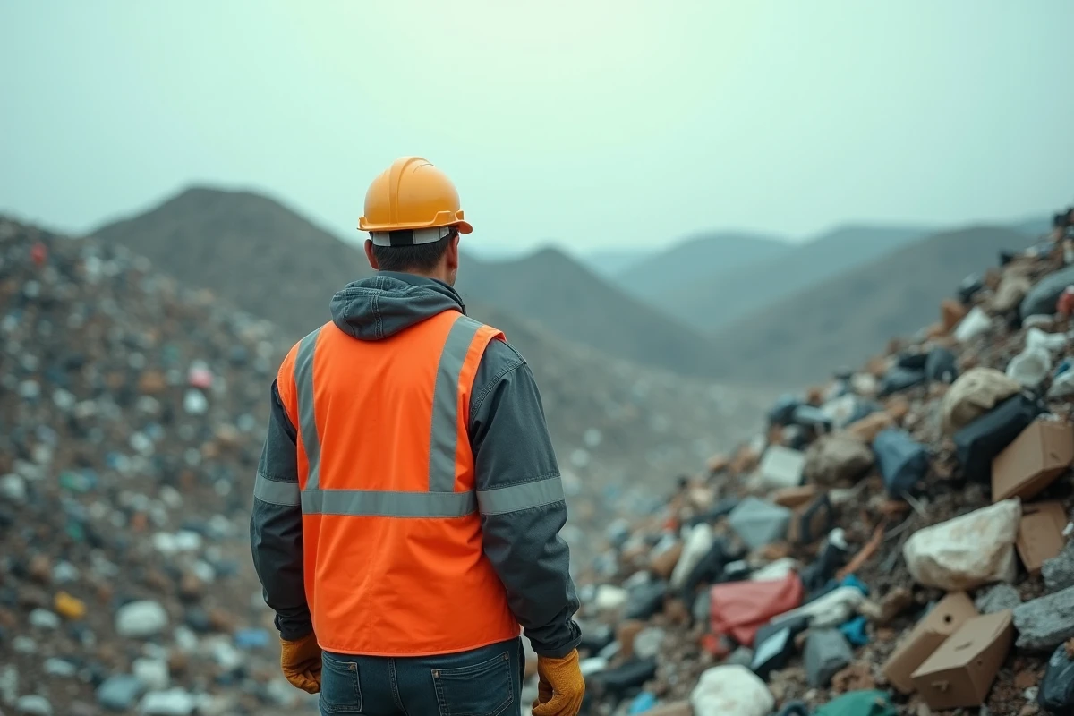 Travailleur debout face à une décharge municipale remplie de déchets de consommation illustrant l'impact environnemental et social de la surconsommation