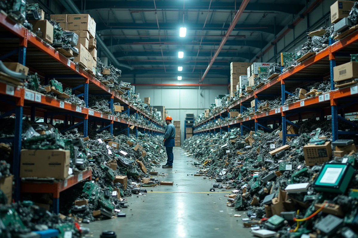 Entrepôt de recyclage électronique rempli de composants de véhicules autonomes usagés illustrant les déchets technologiques et l'impact environnemental des voitures autonomes