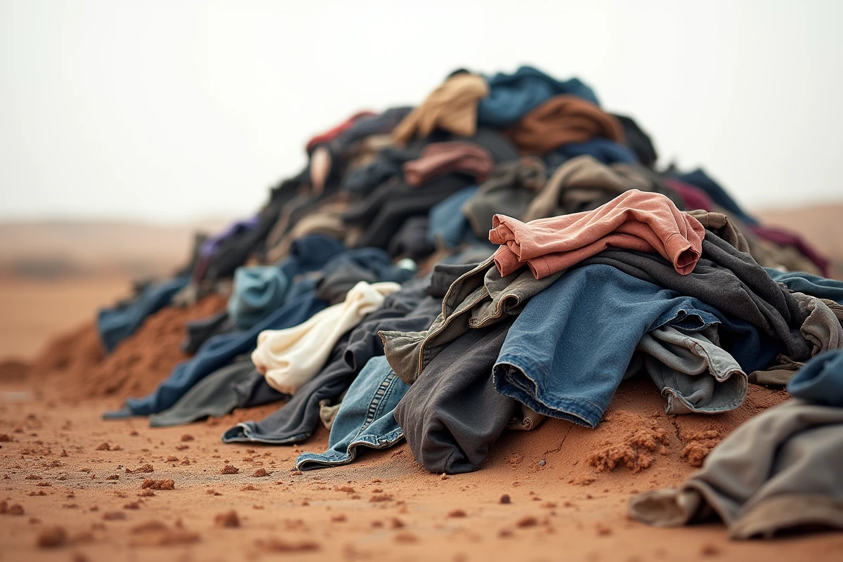 Tas de vêtements usagés abandonnés sur un terrain aride, symbolisant les déchets textiles et l'impact environnemental de l'industrie de la mode
