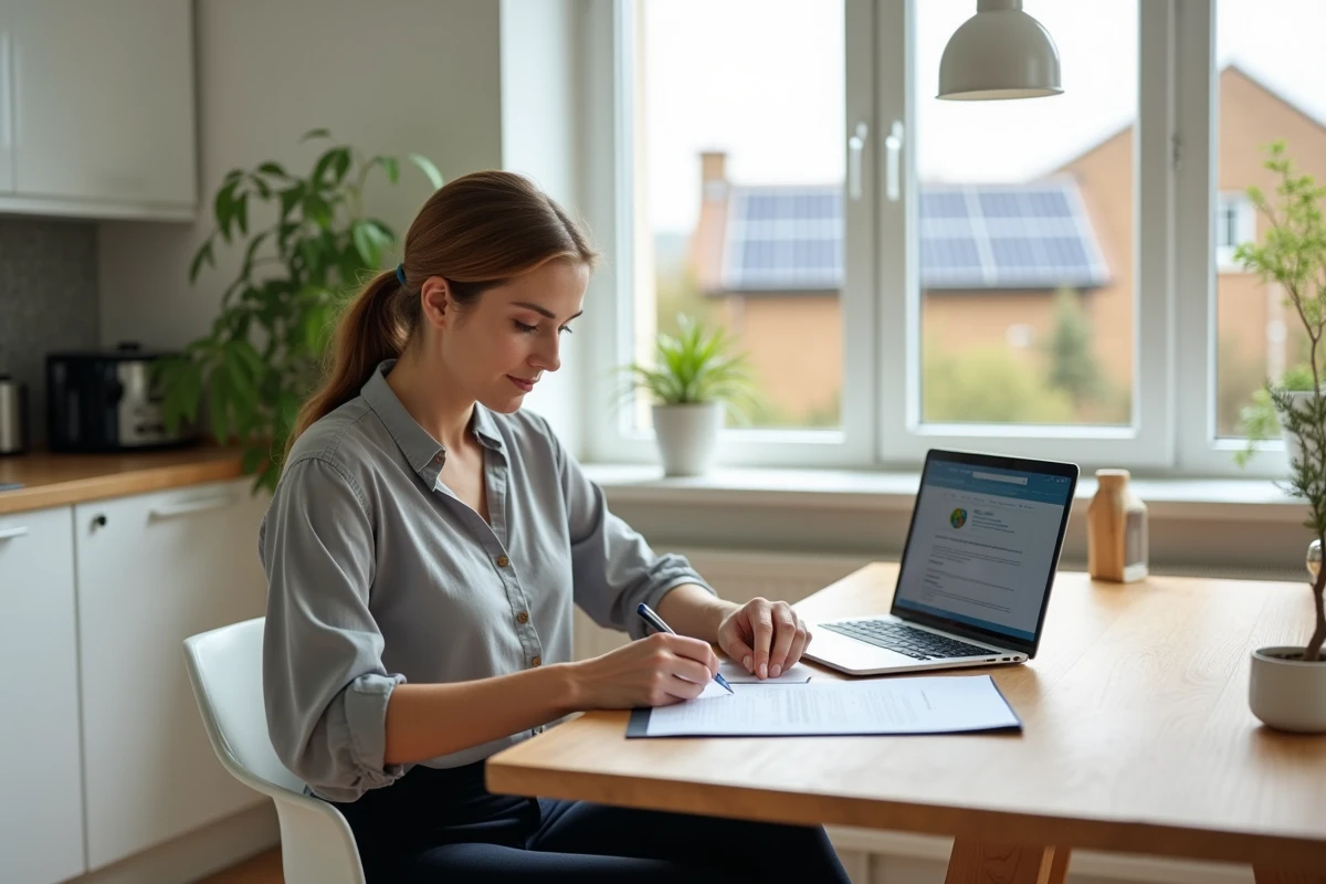 Propriétaire remplissant un formulaire de déclaration de panneau solaire pour Enedis depuis son domicile