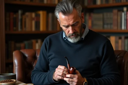 Homme tenant une pipe en bruyère avec du tabac aromatisé dans une bibliothèque cosy aux tons chauds