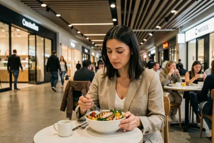 Femme déjeunant dans la galerie marchande de la Tour Montparnasse avec un bowl coloré