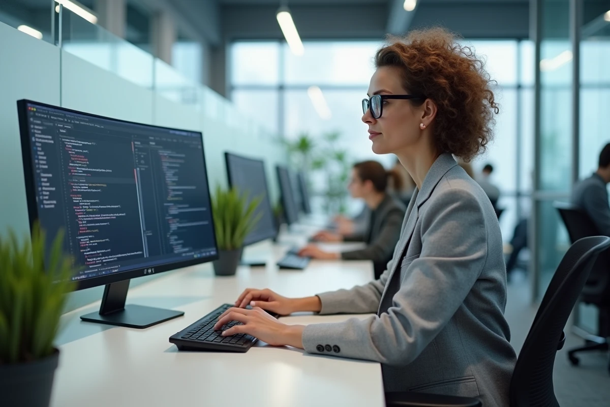 Développeuse programmant des flux d'automatisation sur double écran dans un bureau moderne