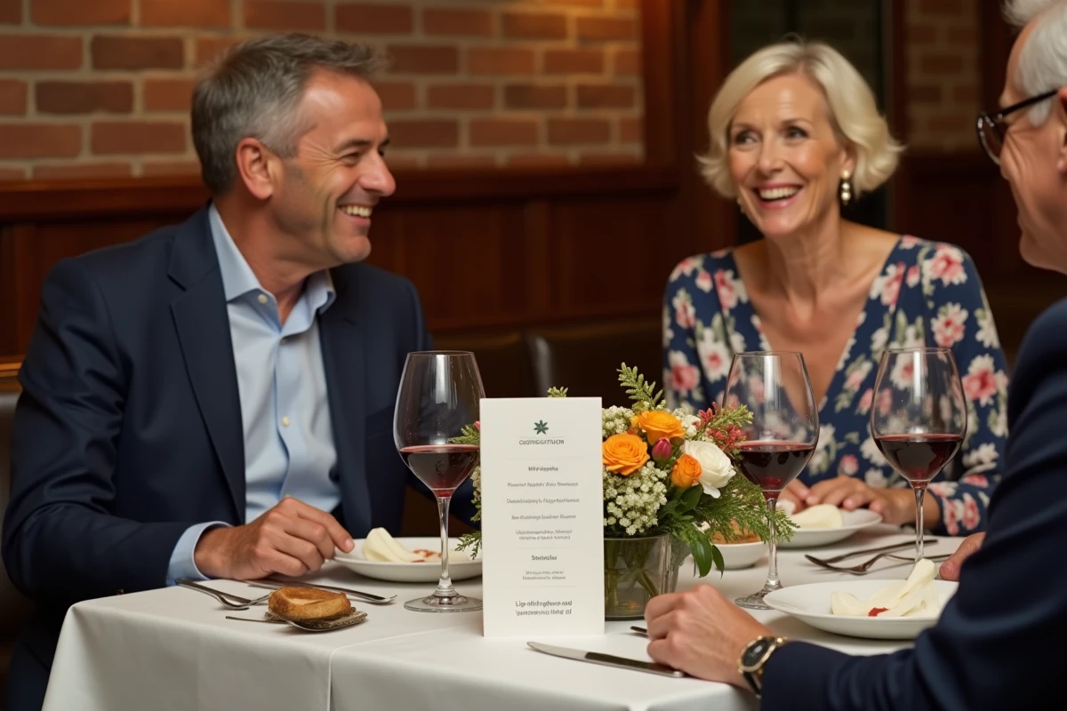 Couple de septuagénaires attablé devant un menu personnalisé lors d'un dîner narratif d'anniversaire