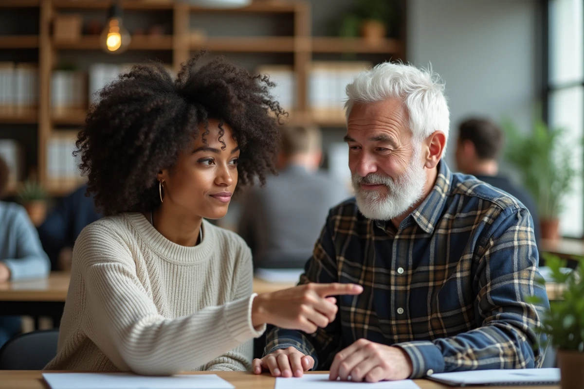 Collaboration intergénérationnelle entre une jeune employée et un collègue senior devant un écran d'ordinateur