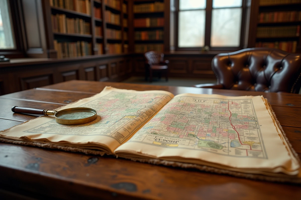 Document d'ordonnance de zonage vintage ouvert sur une table en chêne dans une bibliothèque juridique des années 1930