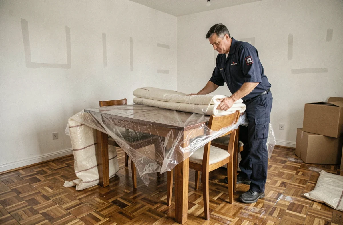 Professionnel DOLYDEM enveloppant une table en bois avec des couvertures de déménagement dans un appartement vide