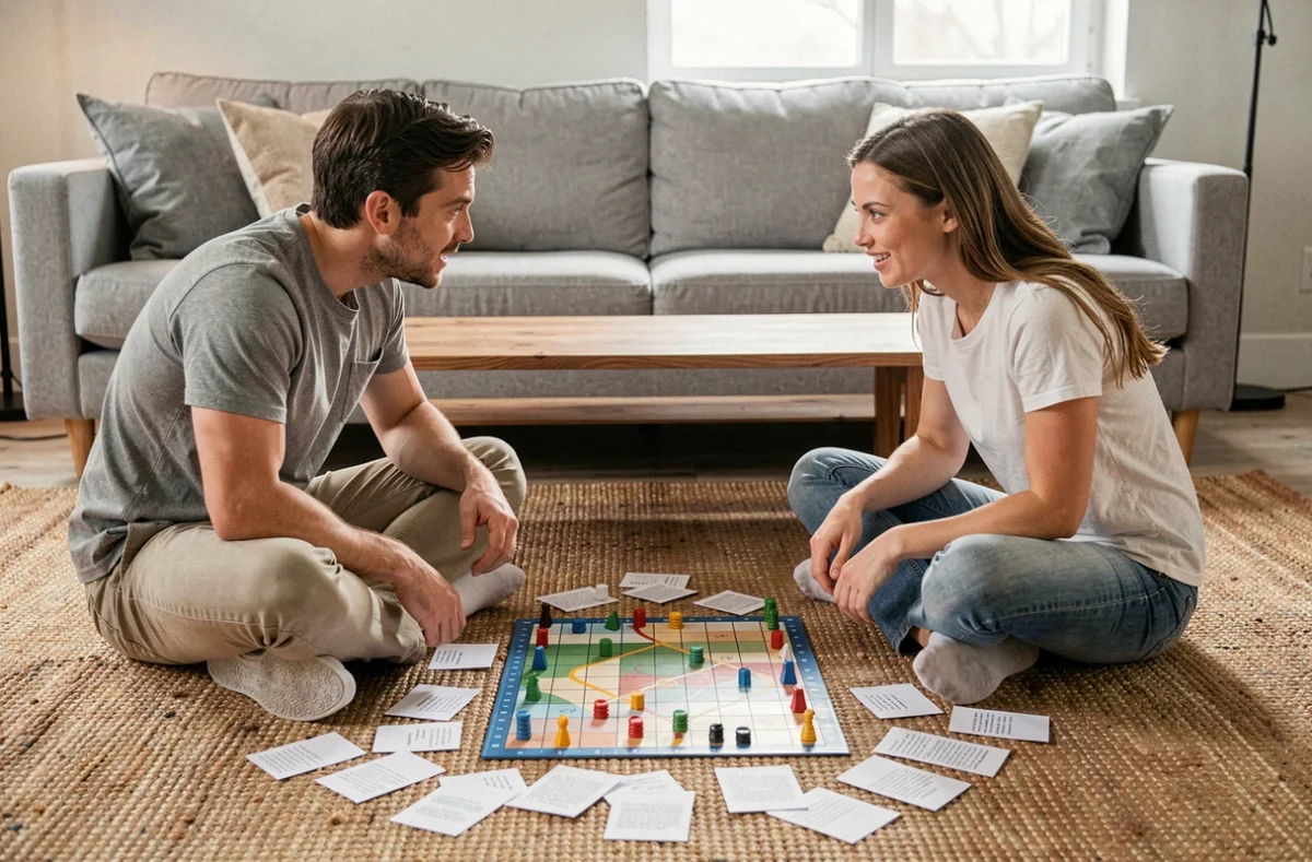 Deux adultes jouant ensemble à un jeu d'énigmes logiques difficiles sur le sol d'un salon moderne
