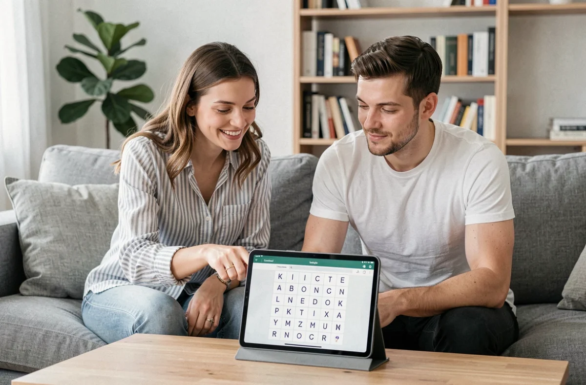 Deux jeunes adultes jouant ensemble à un jeu de mots sur tablette dans un salon moderne et lumineux