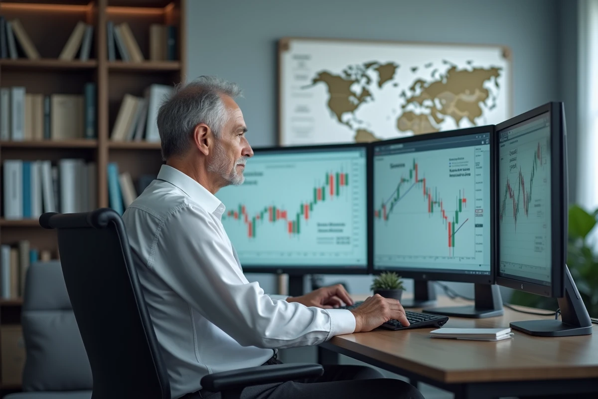 Économiste senior analysant les courbes de taux d'intérêt et les objectifs d'inflation de la zone euro sur des écrans de bureau