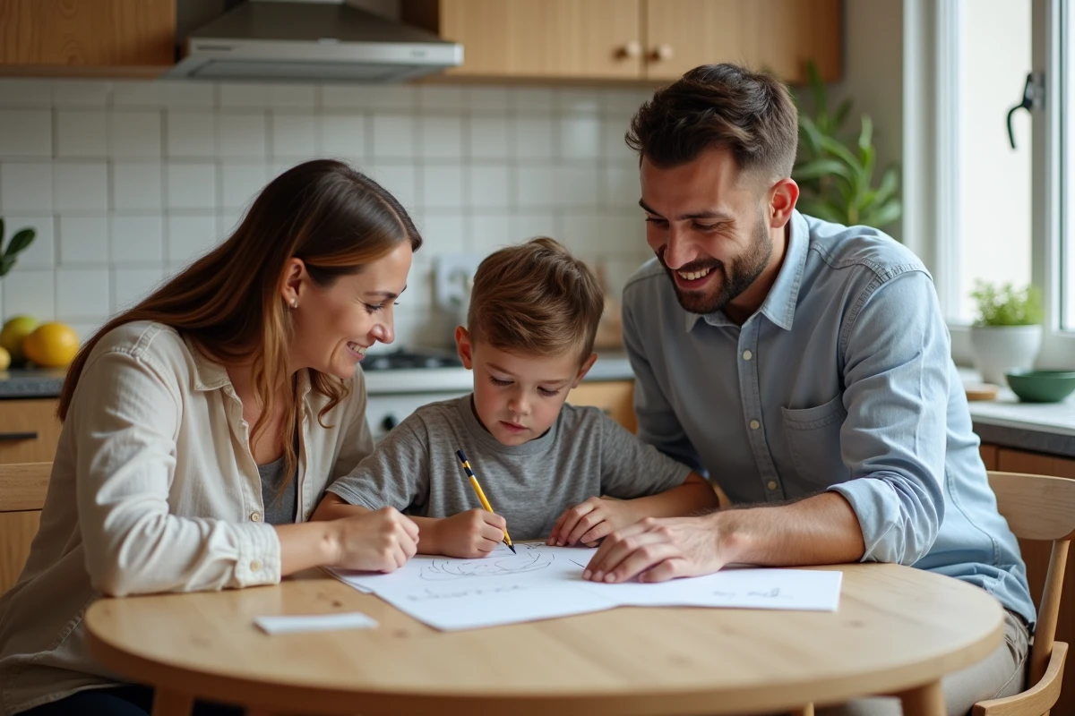 Parents et enfant autour d'une table de cuisine, illustrant une approche d'éducation positive et collaborative