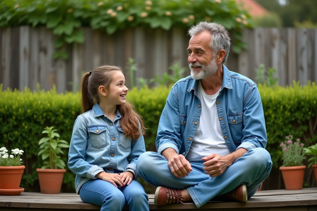 Père adoptant une posture d'écoute bienveillante avec sa fille dans un jardin paisible