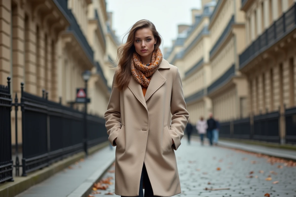 Femme en manteau crème et foulard en soie marchant dans une rue pavée parisienne en automne, symbole d'élégance vestimentaire féminine