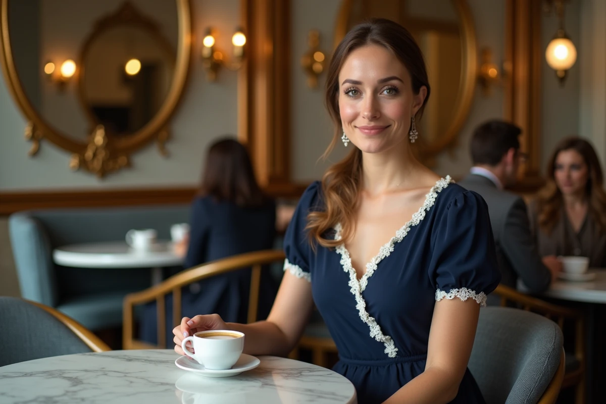 Femme élégante en robe mi-longue marine assise dans une brasserie parisienne, incarnant le raffinement féminin au quotidien