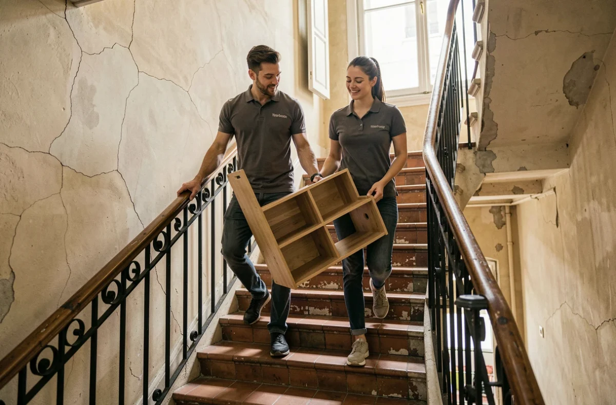 Équipe Elgo Déménagement portant une étagère dans l'escalier d'un immeuble parisien classique