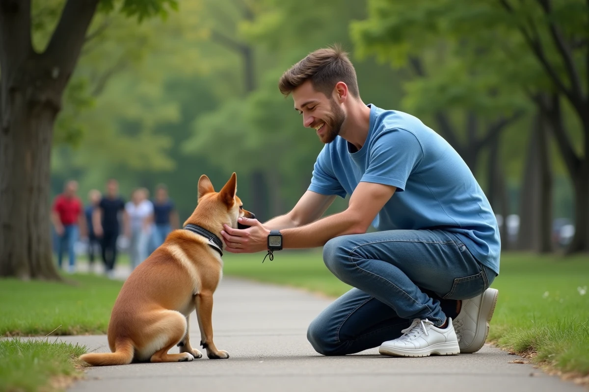 Un jeune homme caressant un chien dans un parc urbain sous le regard bienveillant des passants, illustrant la gentillesse et l'empathie au quotidien