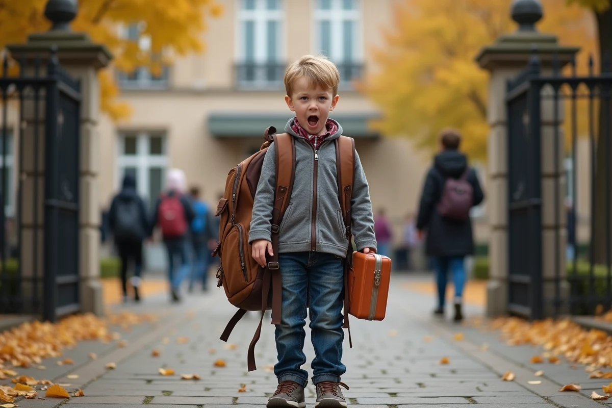 Jeune garçon comique surchargé d'un grand sac à dos devant le portail de son école le matin de la rentrée, expression amusante et résignée
