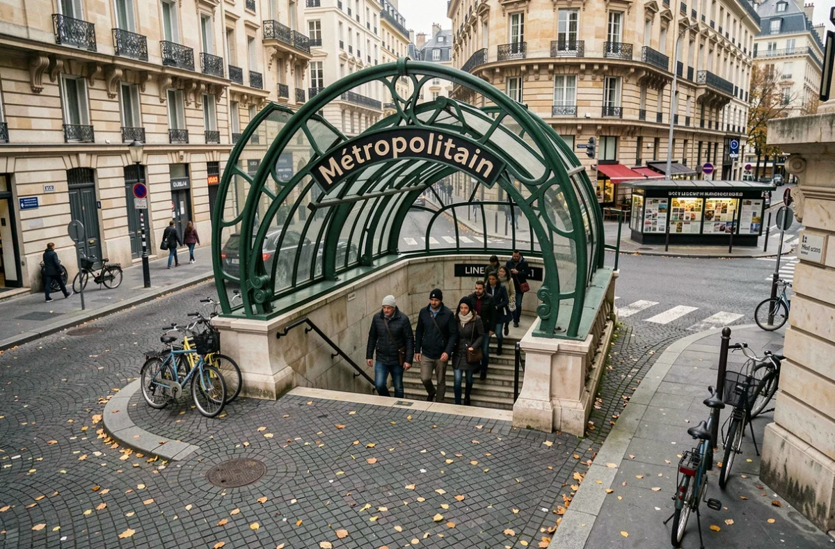 Entrée emblématique Art Nouveau d'une station de la ligne 4 du métro parisien avec voyageurs descendant les escaliers