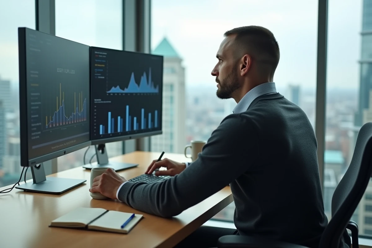 Entrepreneur analysant des données stratégiques sur double écran dans un bureau vitré avec vue urbaine