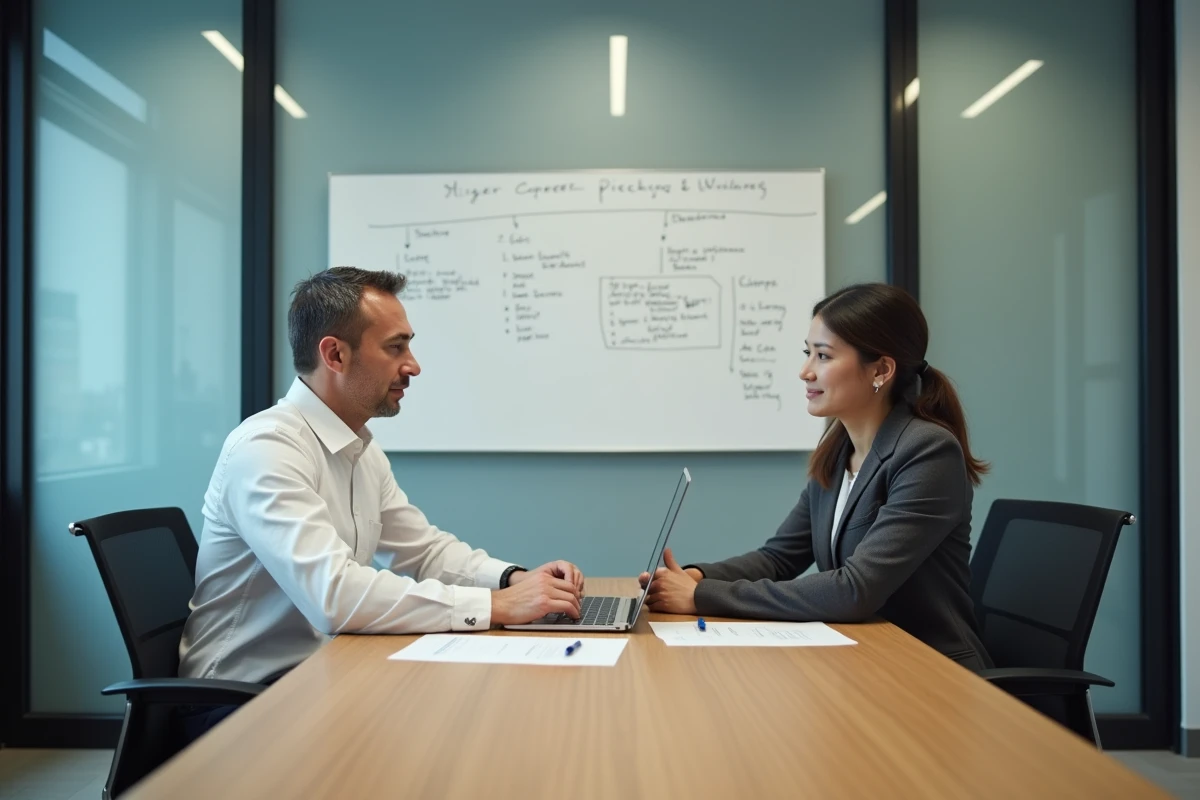 Entretien de mobilité interne entre un employé et un responsable RH dans une salle de réunion d'entreprise